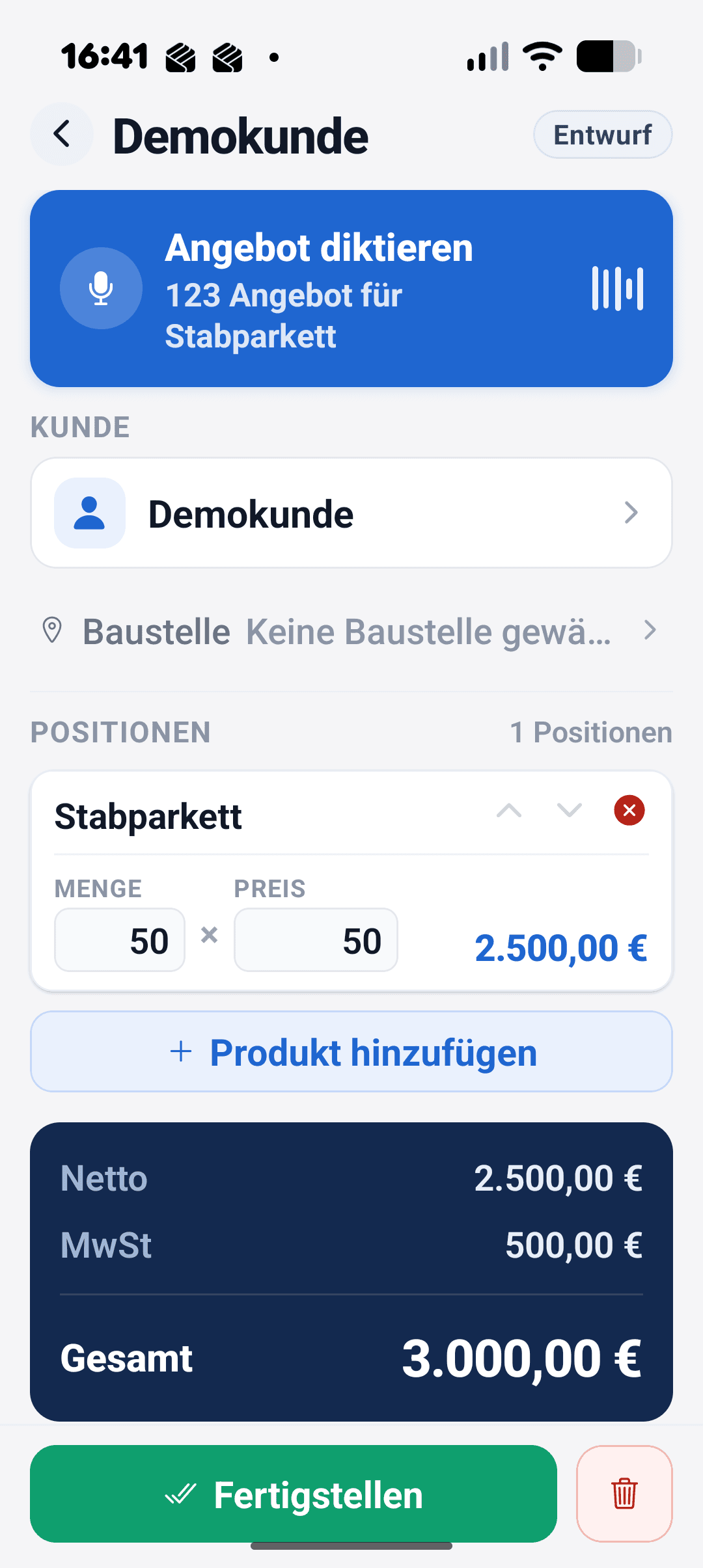 Buridans Voice App – Angebots-Editor mit erkannter Position Stabparkett, Netto, MwSt. und Gesamtsumme