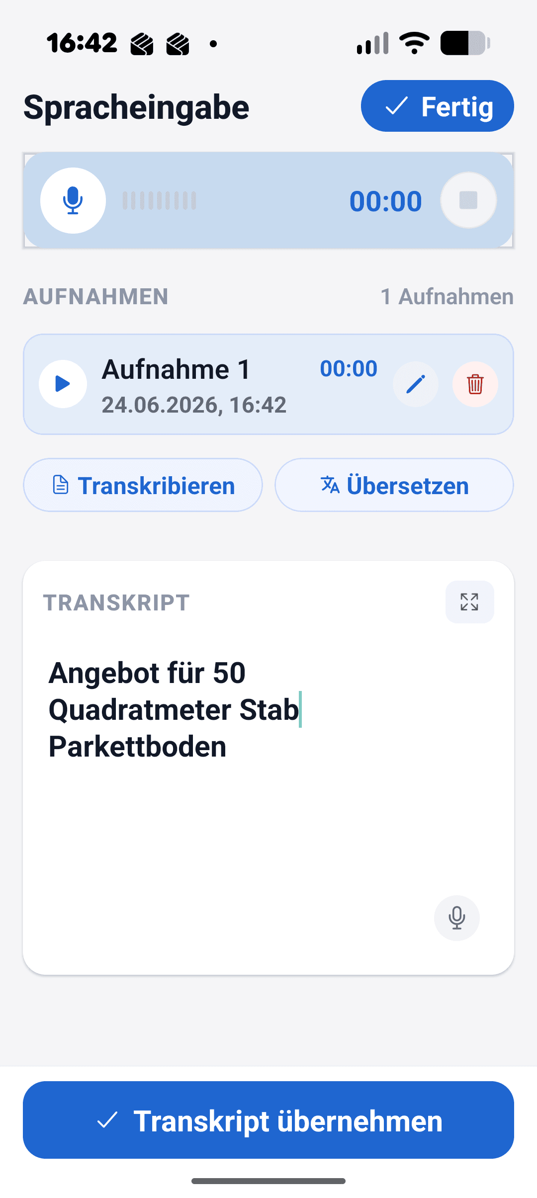 Buridans Voice App – Spracheingabe mit Transkript „Angebot für 50 Quadratmeter Stabparkettboden"