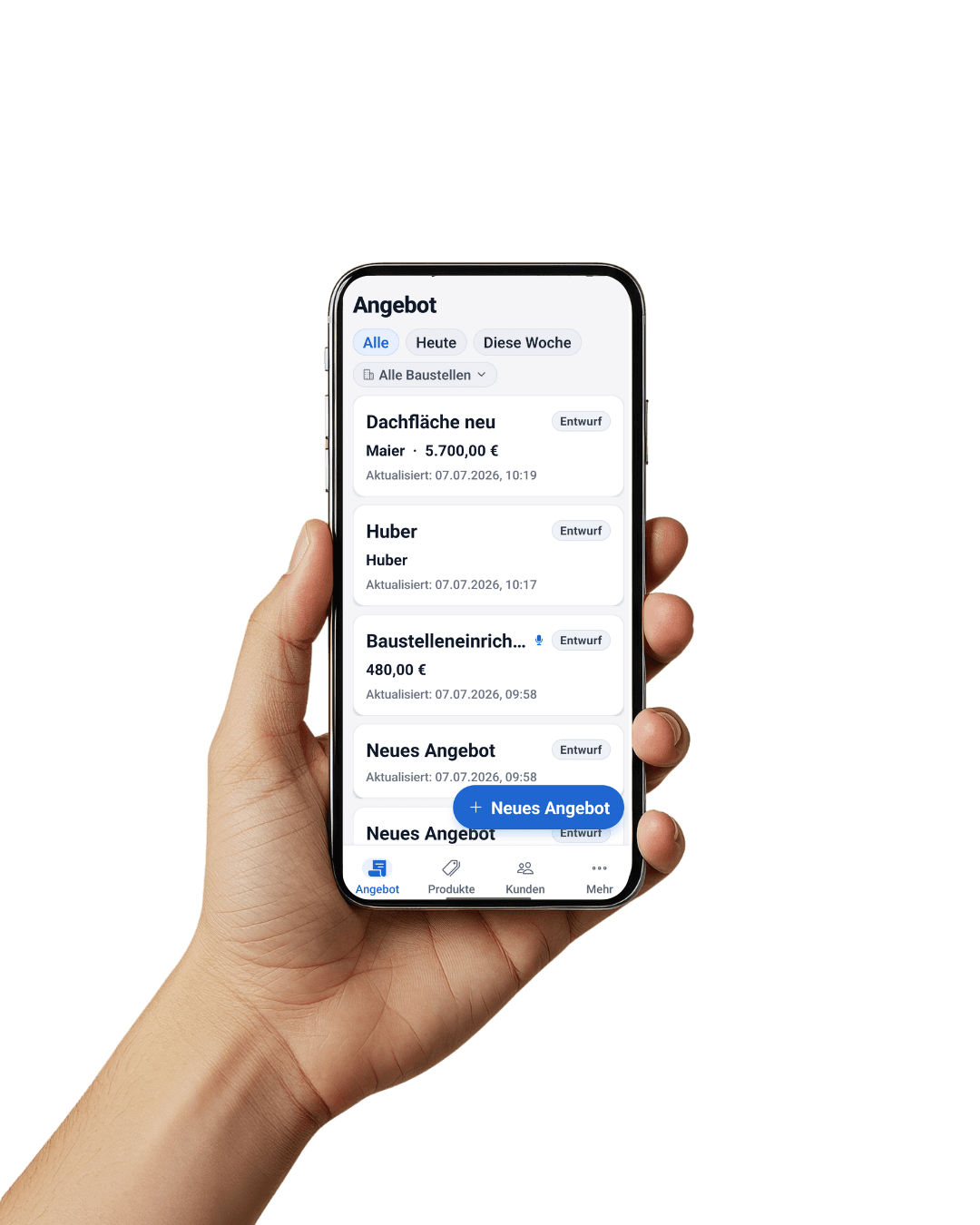 Buridans Voice App auf einem Smartphone – Angebotsübersicht mit erstellten Angeboten